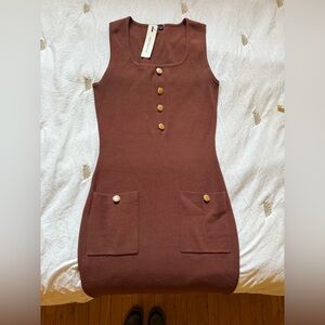 Bodycon Sleeveless Sweater Dress. Gold buttons.